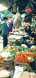 Well stocked market stalls.