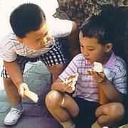 Two boys have lunch in garden.