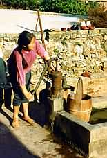 Neighbour fills buckets from water pump